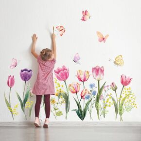 Flowers Wall Sticker Purple Floral Wall Decal Removable Butterfly Wall Stickers Self Adhesive Decal Mural for Nursery Bedroom Kids Room in Saudi Arabia