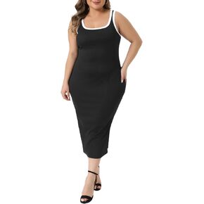 Agnes Orinda Plus Size Dress for Women Square Neck Sleeveless Contrast Summer Bodycon Side Slit Knit Tank Dresses in Saudi Arabia