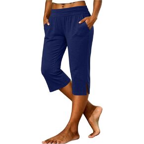 Capri Pants for Women High Waisted Split Hem Straight Leg Casual Yoga Capris Pull On Lounge Joggers with Pockets in Kuwait