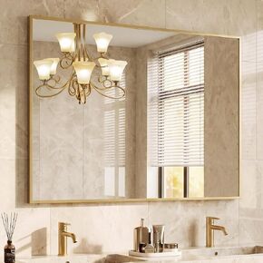 DUMOS Bathroom Mirror for Over Sink, 40" x 30" Rectangle Wall Mount Mirror with Metal Frame, Modern Vanity Mirrors with Tempered Glass, for Home Decor, Anti-Rust, Horizontal or Vertical, Gold in Saudi Arabia