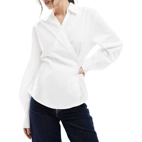 Women's Wrap Front Button Down Shirt, Long Sleeve Blouse with Cocoon Sleeves, Modern Office & Casual Tops in Saudi Arabia