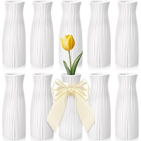 10 Pcs Plastic White Flower Vases Bulk Unbreakable Ceramic Look Vases with Ribbon for Centerpieces Home Decor Wedding Living Room, 7/8 Inch(Minimalist Style) in Saudi Arabia