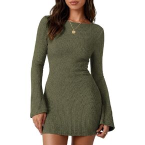 PRETTYGARDEN Womens Fall Bell Long Sleeve Mini Dress 2026 Casual Boat Neck Ribbed Bodycon Short Party Cocktail Dresses in Kuwait