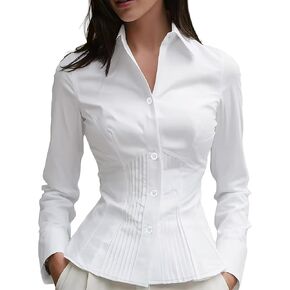 Women's Long Sleeve Button Down Shirt, Solid Cinched Waist Blouse Tops with Ruffle Details, Stylish Office & Casual Shirt in Saudi Arabia