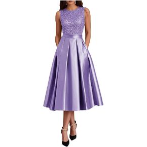 Modest Ruffle Satin Prom Dress with Pockets Sparkly Sequin A Line Puffy Tea Length Formal Evening Ball Gown for Women in Kuwait