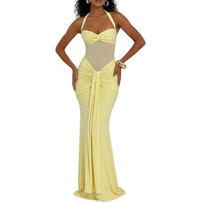 Tcremisa Women's Halter Maxi Dress Sexy Slim Backless Mesh See Through Ruched Bodycon Long Dresses Cocktail Party in Saudi Arabia