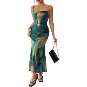 LIGHT DOT Women's Summer Printed Maxi Dress Spaghetti Strap Bodycon Ruched Cocktail Dress Mesh Layered in Saudi Arabia