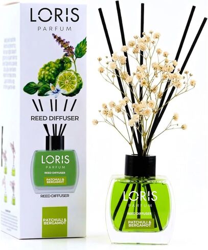 Loris Patchouli & Bergamot Reed Diffuser Set with Dried Flowers | Reed Diffusers for Home with Sticks | Bathroom Diffuser & Room Scent | Long-Lasting Home Fragrance | 120 mL / 4.06 fl oz in Kuwait