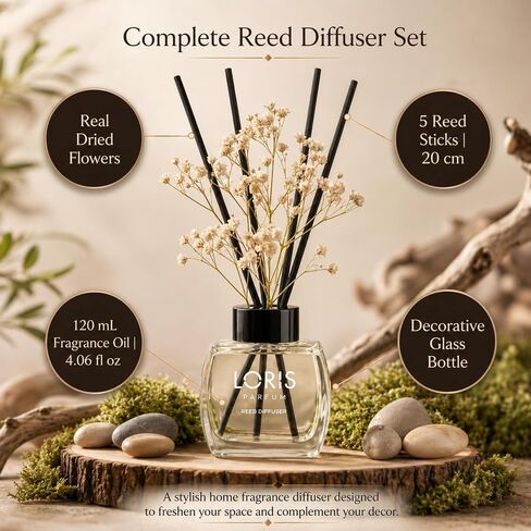 Loris Patchouli & Bergamot Reed Diffuser Set with Dried Flowers | Reed Diffusers for Home with Sticks | Bathroom Diffuser & Room Scent | Long-Lasting Home Fragrance | 120 mL / 4.06 fl oz in Kuwait
