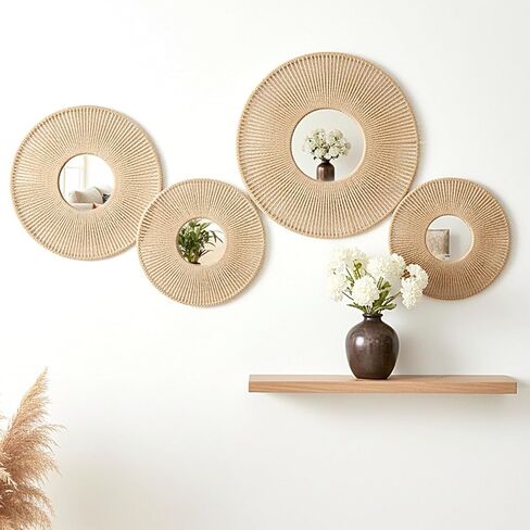 Oqqlin 4 Pcs Boho Mirror Wall Hanging Decor, 11.8 Inch/9.8 Inch Boho Woven Wall Mirrors Rustic Round Mirror Decor for Bedroom, Living Room, Hone, Hotel in Saudi Arabia