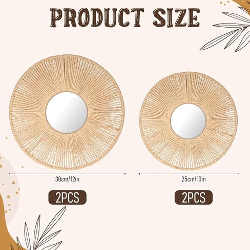 Oqqlin 4 Pcs Boho Mirror Wall Hanging Decor, 11.8 Inch/9.8 Inch Boho Woven Wall Mirrors Rustic Round Mirror Decor for Bedroom, Living Room, Hone, Hotel in Saudi Arabia