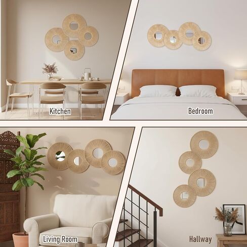 Oqqlin 4 Pcs Boho Mirror Wall Hanging Decor, 11.8 Inch/9.8 Inch Boho Woven Wall Mirrors Rustic Round Mirror Decor for Bedroom, Living Room, Hone, Hotel in Saudi Arabia
