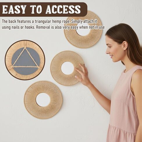 Oqqlin 4 Pcs Boho Mirror Wall Hanging Decor, 11.8 Inch/9.8 Inch Boho Woven Wall Mirrors Rustic Round Mirror Decor for Bedroom, Living Room, Hone, Hotel in Saudi Arabia