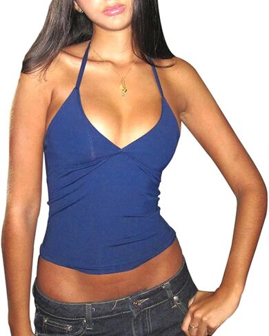 Halter Spaghetti Strap Tank Crop Top for Women Cami V Neck Ruched Camisole Sleeveless Cute Backless Vest Streetwear Y2K Shirt in Saudi Arabia