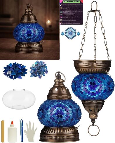 DEMMEX DIY Turkish Mosaic Lantern Kit – Beginner-Friendly Tiffany Glass Craft Project for Adults & Teens, Brass Finish, Battery Operated, Convertible Tabletop or Hanging Lantern (Turquoise&Green) in Saudi Arabia