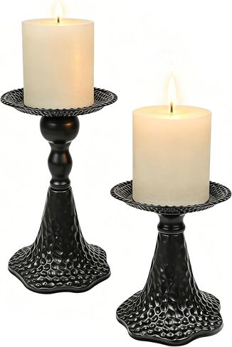 Earl Diamond Pillar Candle Holders Set of 2, Vintage Candle Holder for Table Centerpiece, Fireplace Decor, Dining and Living Room Decoration, Solid Iron, Matte Black in Saudi Arabia