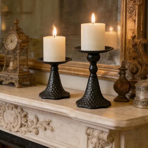 Earl Diamond Pillar Candle Holders Set of 2, Vintage Candle Holder for Table Centerpiece, Fireplace Decor, Dining and Living Room Decoration, Solid Iron, Matte Black in Saudi Arabia