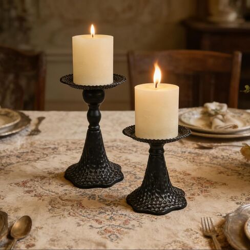 Earl Diamond Pillar Candle Holders Set of 2, Vintage Candle Holder for Table Centerpiece, Fireplace Decor, Dining and Living Room Decoration, Solid Iron, Matte Black in Saudi Arabia