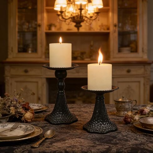 Earl Diamond Pillar Candle Holders Set of 2, Vintage Candle Holder for Table Centerpiece, Fireplace Decor, Dining and Living Room Decoration, Solid Iron, Matte Black in Saudi Arabia