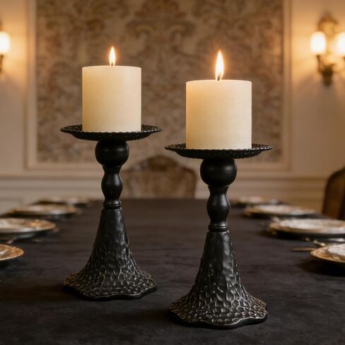 Earl Diamond Pillar Candle Holders Set of 2, Vintage Candle Holder for Table Centerpiece, Fireplace Decor, Dining and Living Room Decoration, Solid Iron, Matte Black in Saudi Arabia