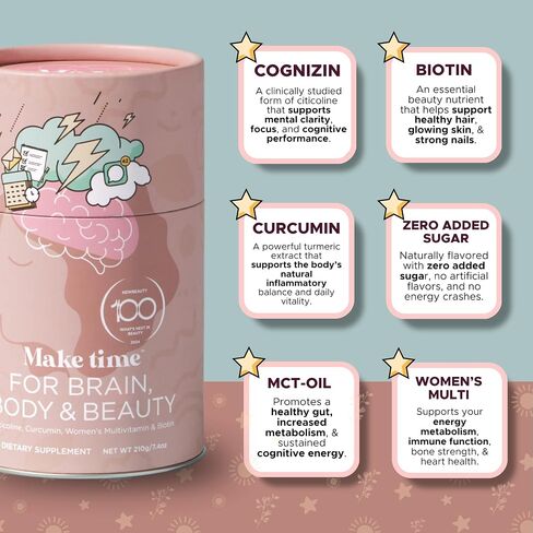 MAKE TIME Brain Health Powder Supplement for Women for Mood, Focus & Energy Boost | Cognizin, Biotin, Vitamin B6, B12, MCTs, Acetyl-L-carnitine, and Curcumin 7.4 oz (30 Servings) in Saudi Arabia