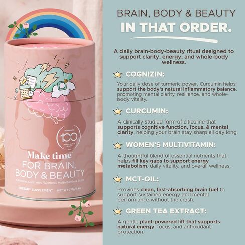 MAKE TIME Brain Health Powder Supplement for Women for Mood, Focus & Energy Boost | Cognizin, Biotin, Vitamin B6, B12, MCTs, Acetyl-L-carnitine, and Curcumin 7.4 oz (30 Servings) in Saudi Arabia