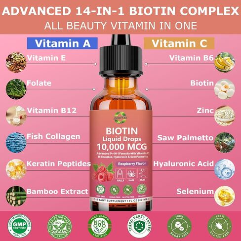 Pure Biotin 10000mcg Liquid Drop Optimal Solutions Hair Skin & Nails Vitamins Support w. Collagen Keratin Hyaluronic Acid Saw Palmetto, Biotin(Vitamin B7) for Hair Growth & Cellular Energy in Saudi Arabia