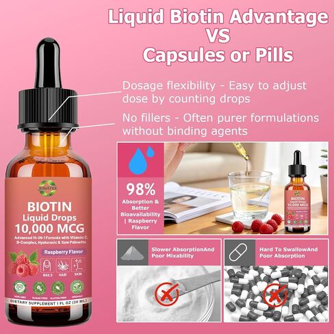 Pure Biotin 10000mcg Liquid Drop Optimal Solutions Hair Skin & Nails Vitamins Support w. Collagen Keratin Hyaluronic Acid Saw Palmetto, Biotin(Vitamin B7) for Hair Growth & Cellular Energy in Saudi Arabia