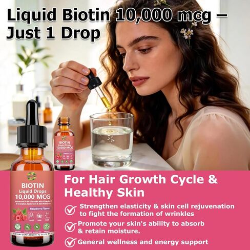 Pure Biotin 10000mcg Liquid Drop Optimal Solutions Hair Skin & Nails Vitamins Support w. Collagen Keratin Hyaluronic Acid Saw Palmetto, Biotin(Vitamin B7) for Hair Growth & Cellular Energy in Saudi Arabia
