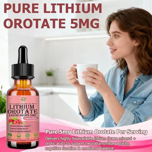 Pure Lithium Orotate Liquid Drops 5mg, Low Dose Lithium Brain Supplement for Cognitive Memory Mood Behavior, High Bioavailability Liquid Lithium-Orotate Drops for Kids Adults Vegan Non-GMO in Saudi Arabia