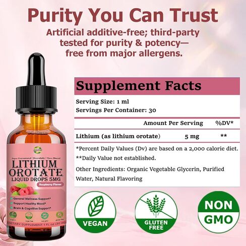 Pure Lithium Orotate Liquid Drops 5mg, Low Dose Lithium Brain Supplement for Cognitive Memory Mood Behavior, High Bioavailability Liquid Lithium-Orotate Drops for Kids Adults Vegan Non-GMO in Saudi Arabia