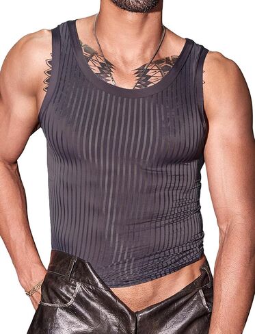 قميص SEAUR رجالي شفاف بدون أكمام ومضلع شفاف من خلال ملابس Clubwear Muscle Rave in Kuwait