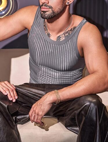 قميص SEAUR رجالي شفاف بدون أكمام ومضلع شفاف من خلال ملابس Clubwear Muscle Rave in Kuwait