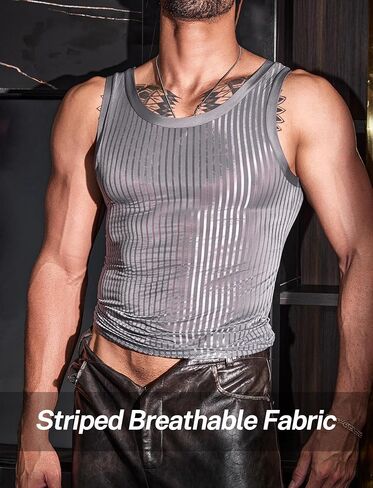 قميص SEAUR رجالي شفاف بدون أكمام ومضلع شفاف من خلال ملابس Clubwear Muscle Rave in Kuwait