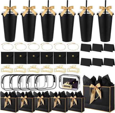 Shinylin 68 Pcs Bridesmaid Proposal Gifts Set Baby Shower Prizes for Winners Adults Bridal Shower Gift Cups Makeup Bag Card Hair Clips Pearl Bracelet Jewelry Bag for Bachelorette Party (Black) in Saudi Arabia