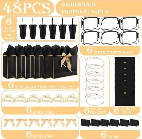 Shinylin 68 Pcs Bridesmaid Proposal Gifts Set Baby Shower Prizes for Winners Adults Bridal Shower Gift Cups Makeup Bag Card Hair Clips Pearl Bracelet Jewelry Bag for Bachelorette Party (Black) in Kuwait