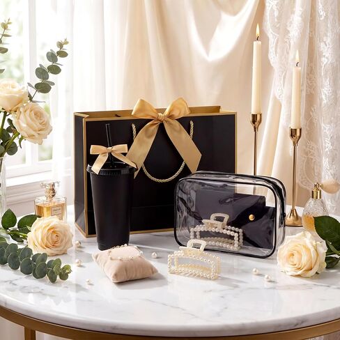 Shinylin 68 Pcs Bridesmaid Proposal Gifts Set Baby Shower Prizes for Winners Adults Bridal Shower Gift Cups Makeup Bag Card Hair Clips Pearl Bracelet Jewelry Bag for Bachelorette Party (Black) in Kuwait