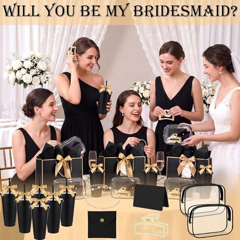 Shinylin 68 Pcs Bridesmaid Proposal Gifts Set Baby Shower Prizes for Winners Adults Bridal Shower Gift Cups Makeup Bag Card Hair Clips Pearl Bracelet Jewelry Bag for Bachelorette Party (Black) in Kuwait