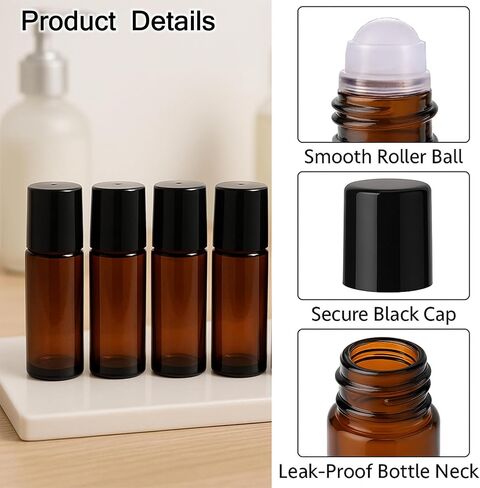 6 Packs 30ml Amber Glass Roller Bottles with Black Caps Refillable Roll-On Containers Travel Size Rollerball Bottles for Essential Oils, Perfume, Aromatherapy in Saudi Arabia