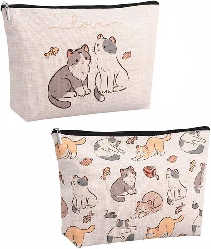 WSICSE 2 Pcs Cat Makeup Bags for Cat Lover Gifts, Cute Cat Toiletry Bag for Women Girl, Large Capacity Zipper Pencil Case for Travel Cash Pen Cosmetics in Kuwait