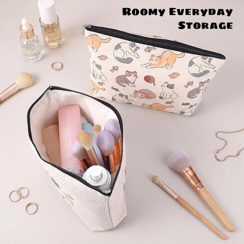 WSICSE 2 Pcs Cat Makeup Bags for Cat Lover Gifts, Cute Cat Toiletry Bag for Women Girl, Large Capacity Zipper Pencil Case for Travel Cash Pen Cosmetics in Kuwait