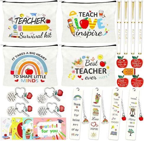 26 PCS Teacher Appreciation Gifts in Bulk 4 Thank You Gift Set with Makeup Bags Keychains Bookmarks Cards Pins Stickers and Best Teacher Ever Pens Perfect Gifts for Teachers Day Graduation Birthday in Saudi Arabia