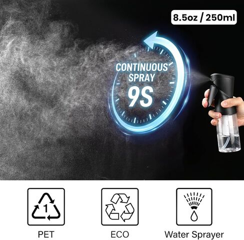 1 Pack 8.5oz Continuous Spray Bottle for Hair Styling & Plants - Fine Mist Sprayer Refillable Empty Water Dispenser for Cleaning, Ironing, Watercolor & Pet Care - Black in Saudi Arabia