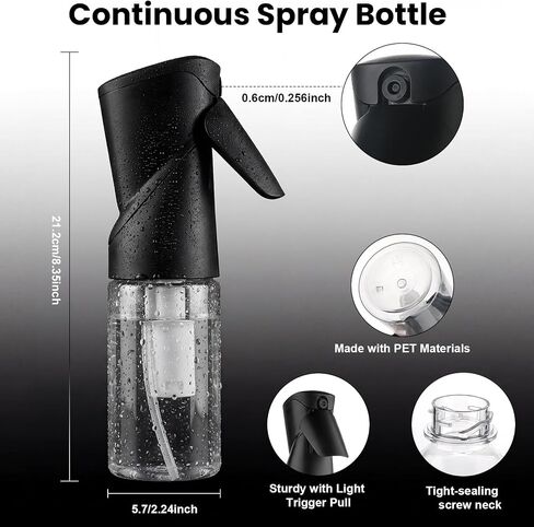 1 Pack 8.5oz Continuous Spray Bottle for Hair Styling & Plants - Fine Mist Sprayer Refillable Empty Water Dispenser for Cleaning, Ironing, Watercolor & Pet Care - Black in Saudi Arabia