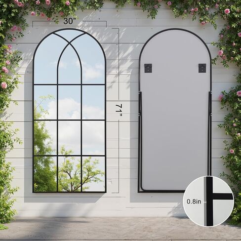 Arched Window pane Full Length Mirror 30"x71", Full Body Standing Mirror, Window Shaped Farmhouse Style with Aluminum Frame, Decor Wall Mirrors for Living Room, Courtyard, Bedroom, Entryway, Black in Saudi Arabia