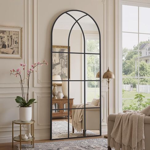 Arched Window pane Full Length Mirror 30"x71", Full Body Standing Mirror, Window Shaped Farmhouse Style with Aluminum Frame, Decor Wall Mirrors for Living Room, Courtyard, Bedroom, Entryway, Black in Saudi Arabia