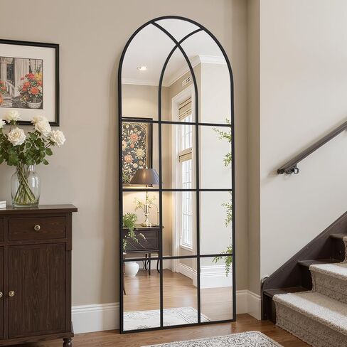 Arched Window pane Full Length Mirror 30"x71", Full Body Standing Mirror, Window Shaped Farmhouse Style with Aluminum Frame, Decor Wall Mirrors for Living Room, Courtyard, Bedroom, Entryway, Black in Saudi Arabia