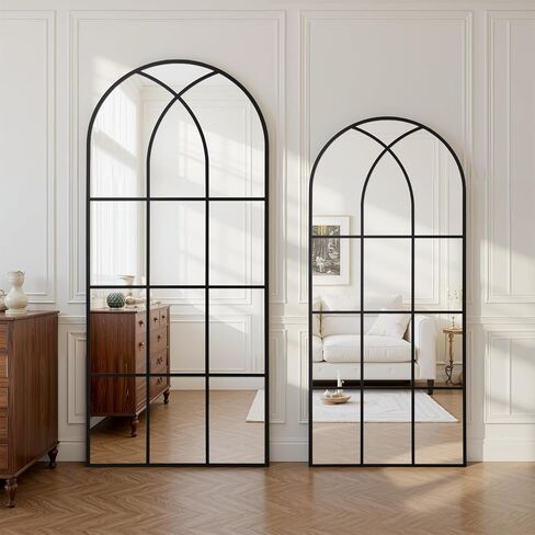 Arched Window pane Full Length Mirror 30"x71", Full Body Standing Mirror, Window Shaped Farmhouse Style with Aluminum Frame, Decor Wall Mirrors for Living Room, Courtyard, Bedroom, Entryway, Black in Saudi Arabia