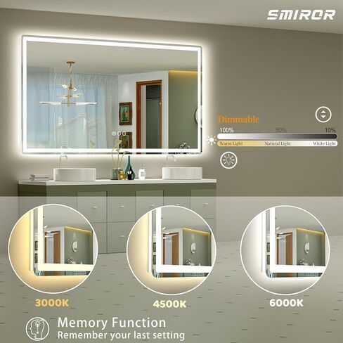 SMIROR LED Bathroom Mirror with Lights 60"x 36", Rounded Rectangle Lighted Vanity Mirror for Wall, Front Lit and Backlit, 3 Colors, Dimmable, Anti-Fog, Tempered Glass (Horizontally/Vertically) in Saudi Arabia