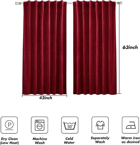 Red Curtains 63 inch Length, Burgundy Velvet Rod Pocket Panels for Bedroom, Luxury Wine Room Darkening Treatment, Elegant Soft Vintage Window Drapes,Set of 2 Panels, 42" W x 63" L Rod Pocket in Saudi Arabia